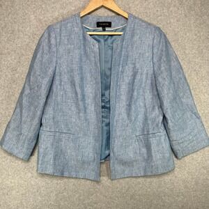 Talbots Petites 100% Linen Open Front Blazer Jacket Blue Chambray Size 14 NEW